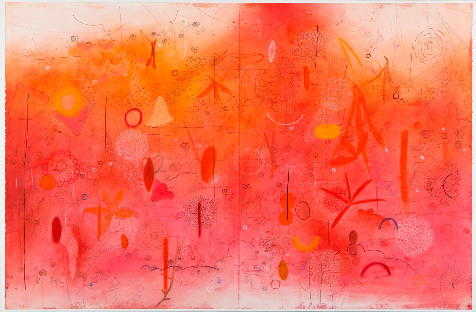 Emmi Whitehorse
Water Couch, 2013
Oil, colored pencil, graphite, and chalk on paper mounted on canvas
51 x 78 1/2 in. (129.5 x 199.4 cm.)