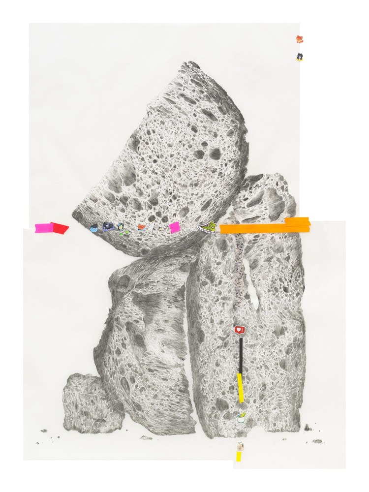 knead, penetrate, let go (green sneaker), 2024
Graphite on vellum, stickers, tape
41 3/8 x 30 7/8 x 1 3/4
