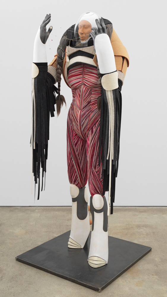 Cannupa Hanska Luger,&amp;nbsp;g&amp;oacute;oxaadi (Sovereignty Suit), 2024, Ceramic, steel, glass, fiber, paper, detritus, 90 1/2 x 36 x 36 inches
