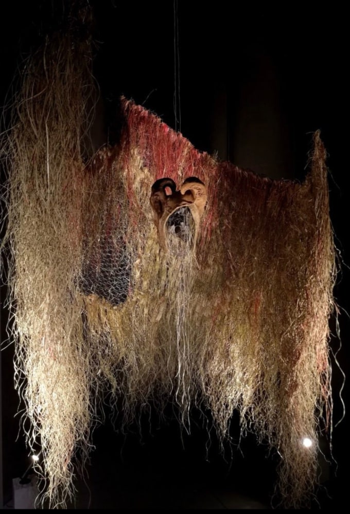 Suodji mis jus sajáidagáimet dovdat (We ́ll have shelter for as long as we know our place), 2020
Reindeer skin, sinew, metal, carex vesicaria plant fiber
82 1/2 x 63 x 43 1/4 