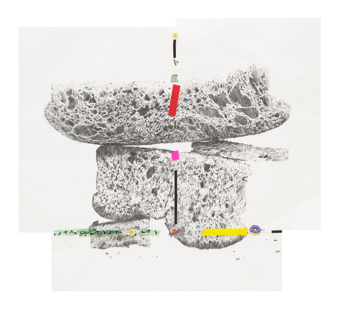 Ester Parteg&amp;agrave;s
knead, penetrate, let go (cat spaceship donut), 2024
Graphite on vellum, stickers, tape
32 3/4 x 35 7/8 x 1 3/4 inches