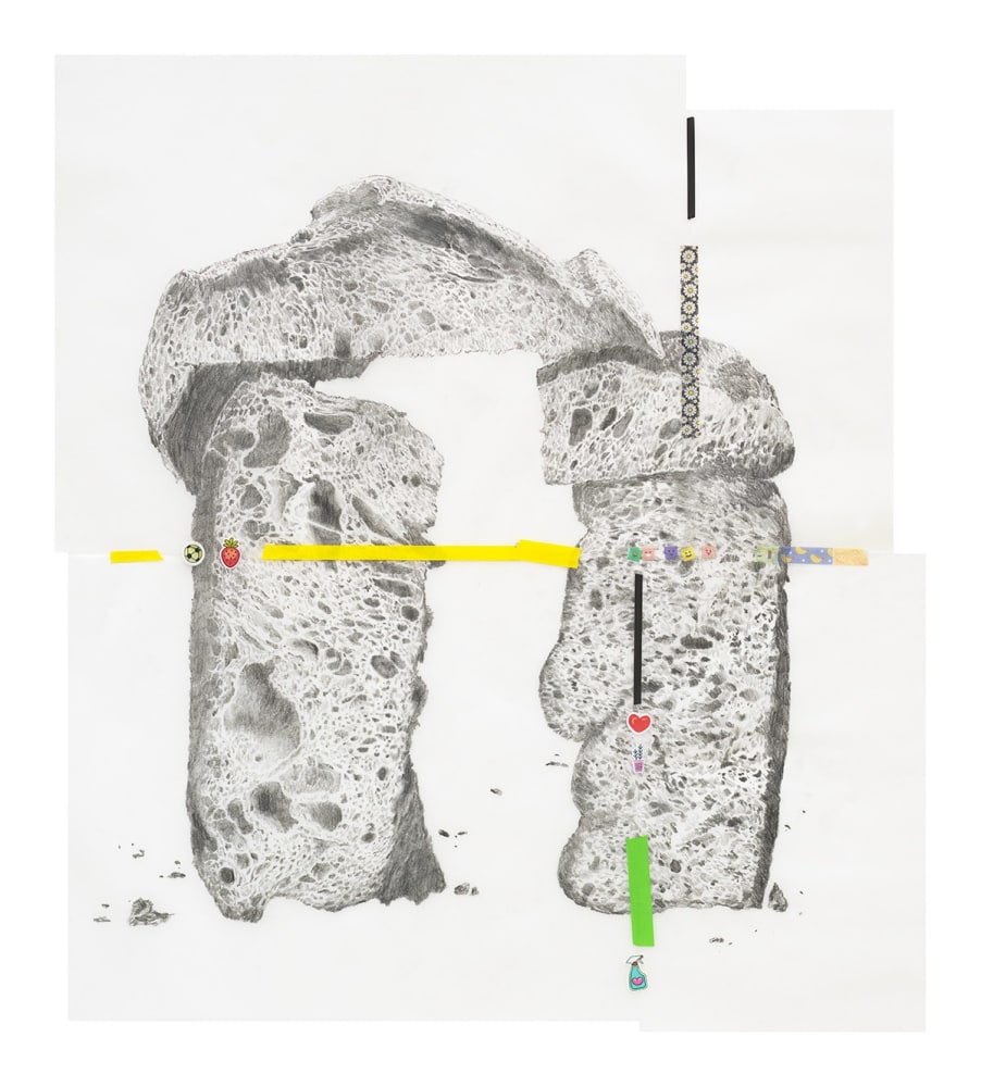 knead, penetrate, let go (strawberry soccer ball), 2024
Graphite on vellum, stickers, tape
38 1/8 x 34 1/8 x 1 3/4