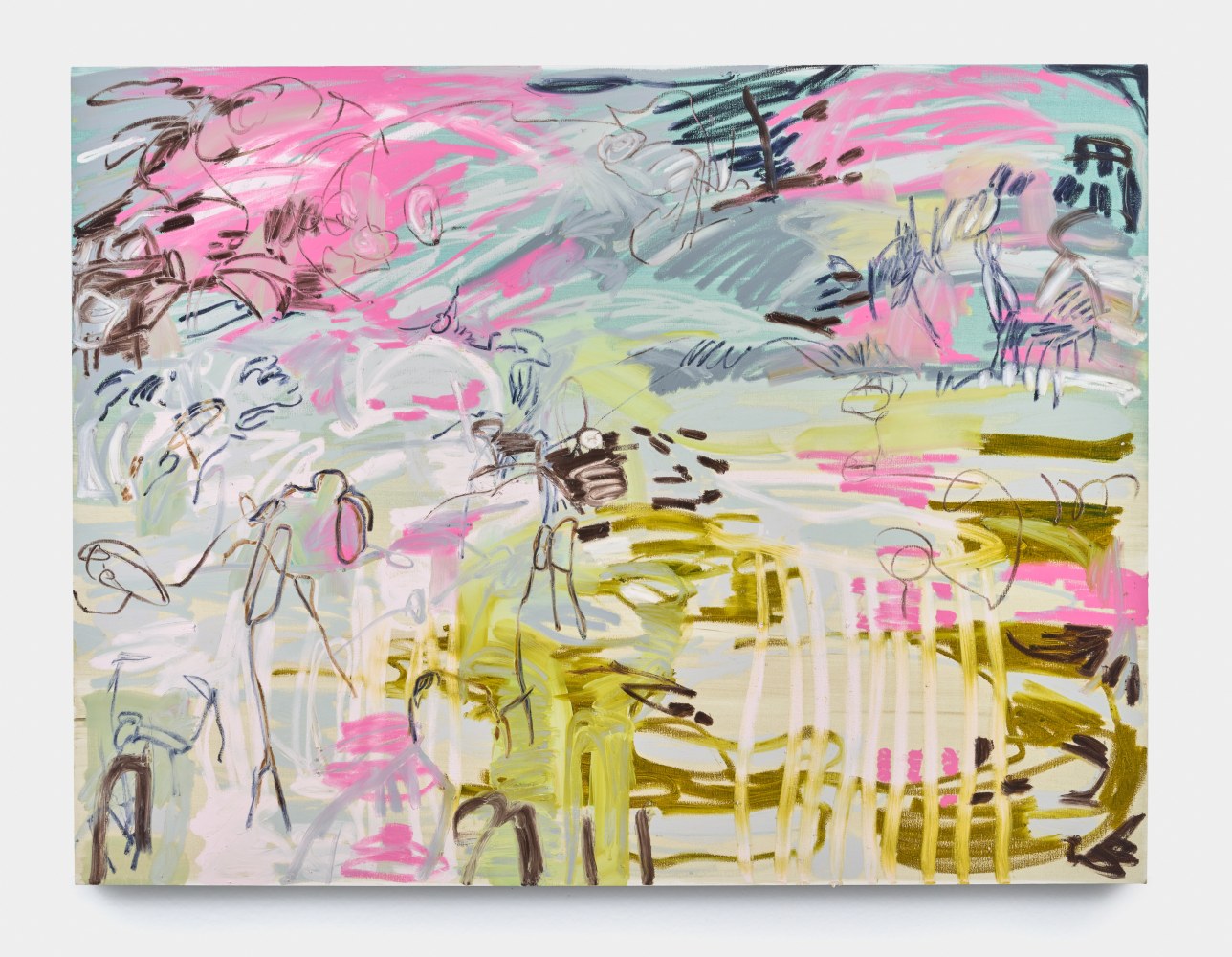 An abstract painting in pinks, blues and yellowy greens with figure like line drawings.