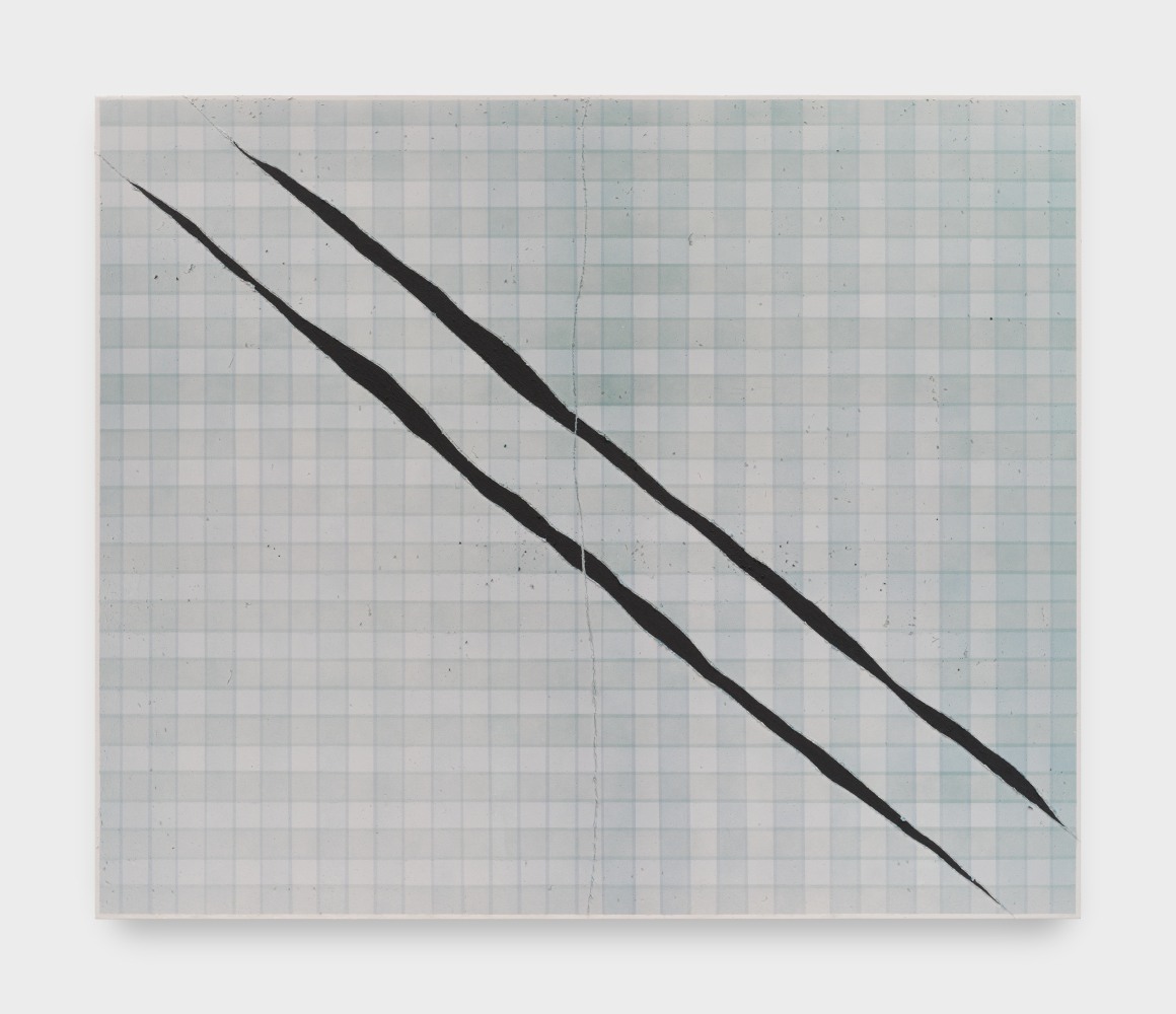 A canvas painting of plaid in shades of blue and gray with two long diagonal black painted slashes through the center.
