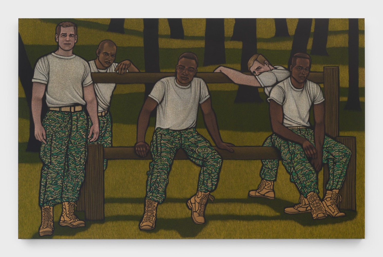 An oil pastel painting of five men in white t-shirts, army pants and boots resting on a fencepost.