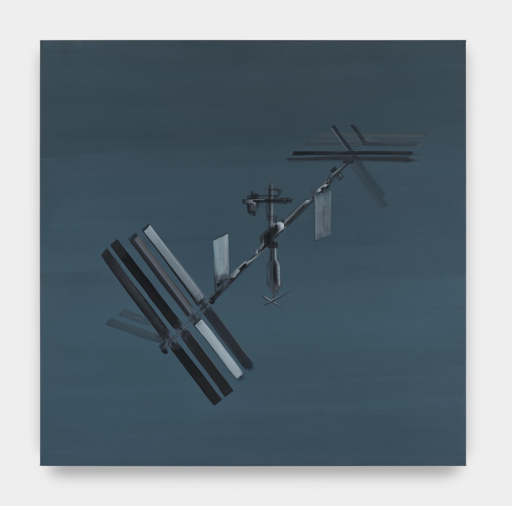 A dark blue gray painting of a satellite floating