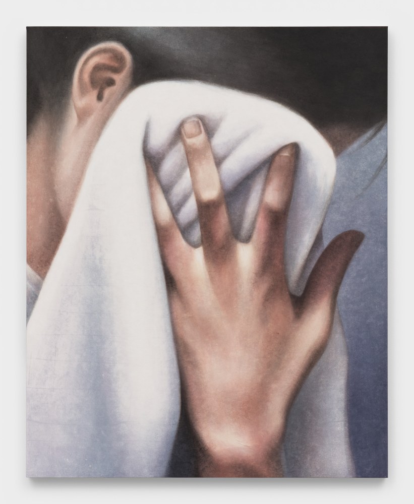 A painting of a person clutching a white towel against their face.