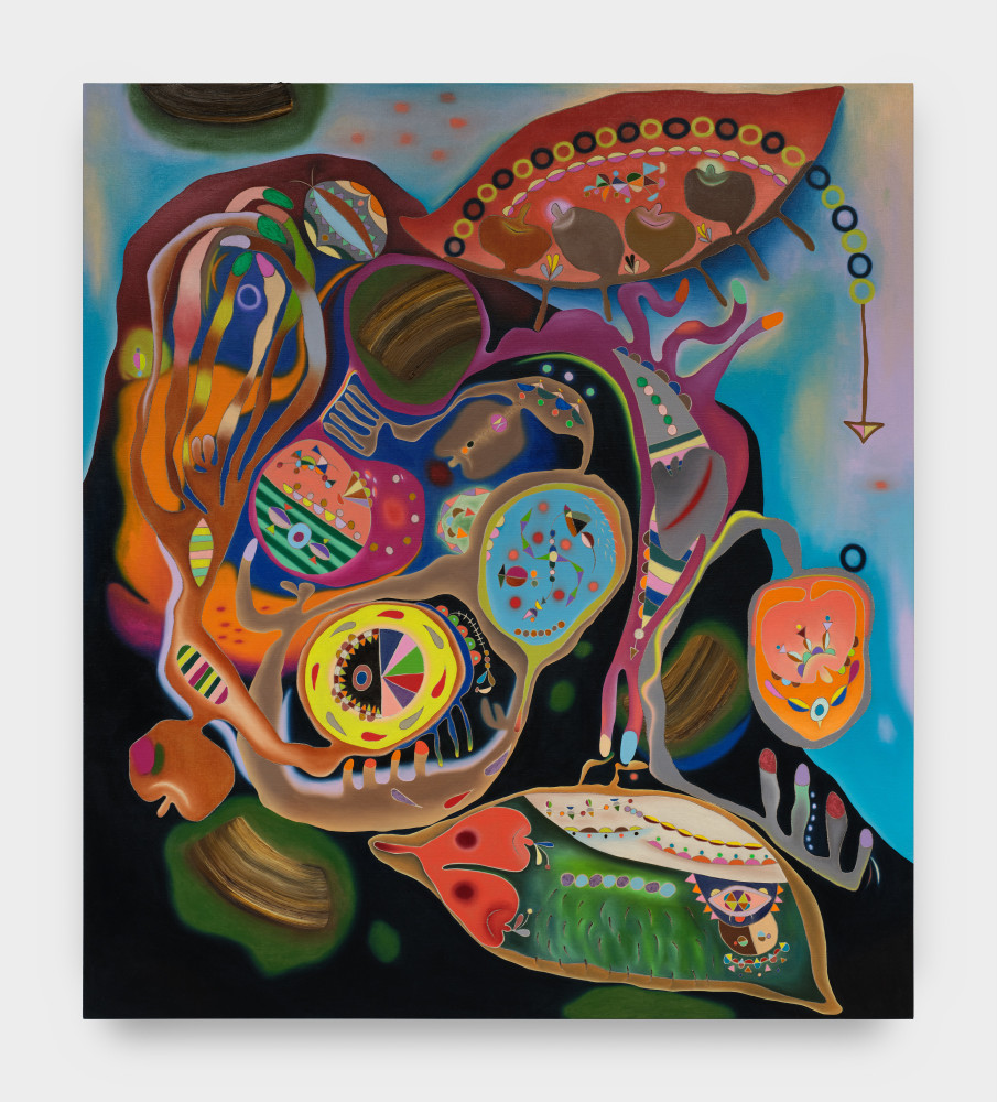 An oil stick on linen piece, portraying a tapestry-like scene of a multi colored shapes and lines. Vivid turquoise and black cover the background of the piece, while bright oranges and greens color large and small circles throughout the center. A red eye-shaped figure sits at the top right and a green and orange one with a similar shape sits at the lower right side. Deep purple curved lines whirl around the smaller circles at the center.