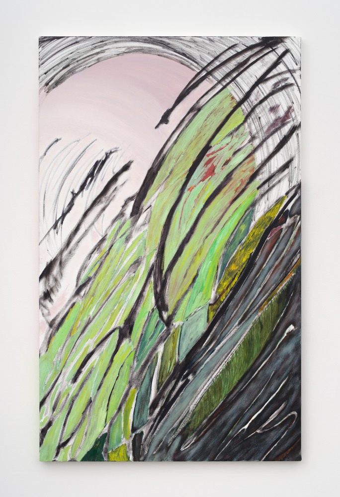 An abstract painting with green and black swooping lines across the canvas.