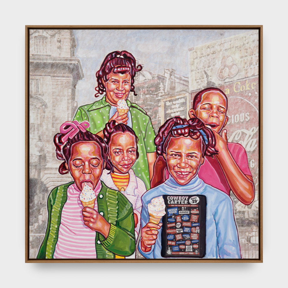 A painting of a woman and four children eating ice cream.