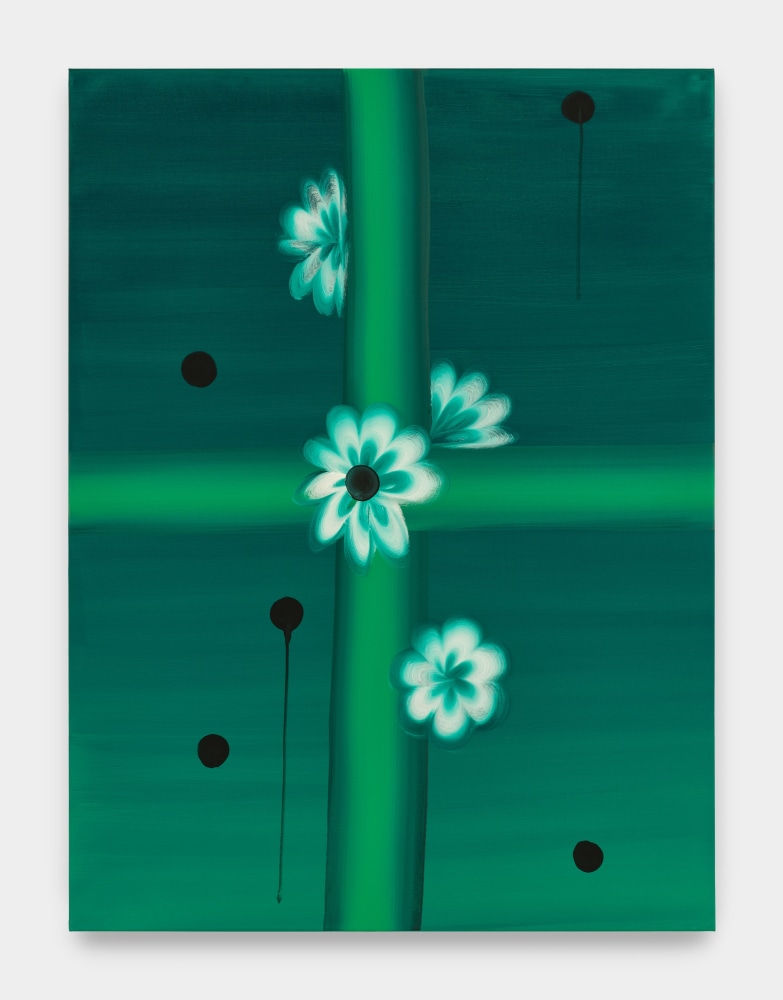 A deep green painting with a green cross in the center with four flowers and black polka dots