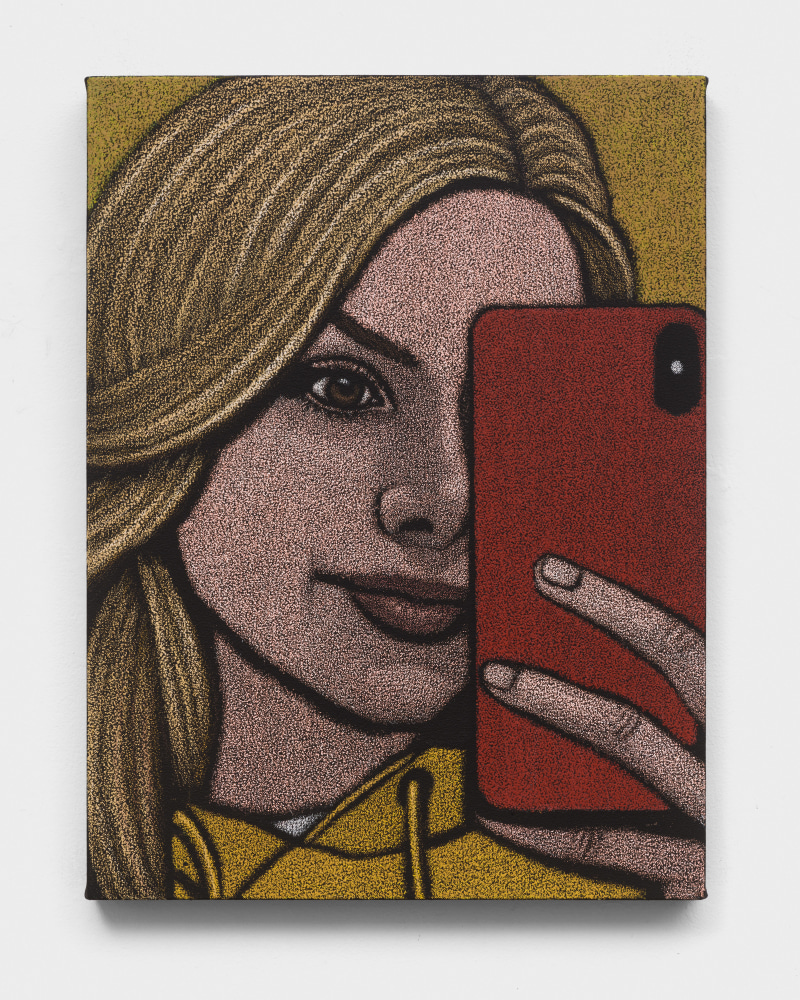 An oil pastel painting of a woman taking a selfie in a mirror on a smartphone.
