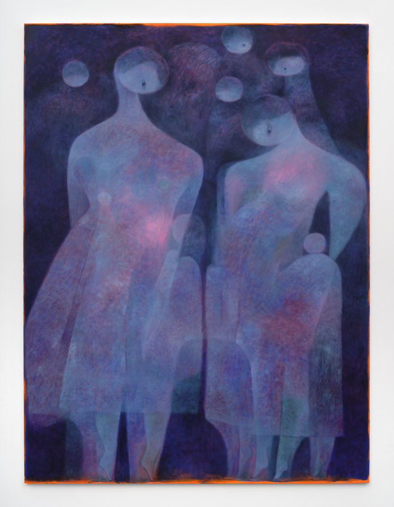 A large blue and violet painting with two main figures looking downward and layers many faint figures around them.