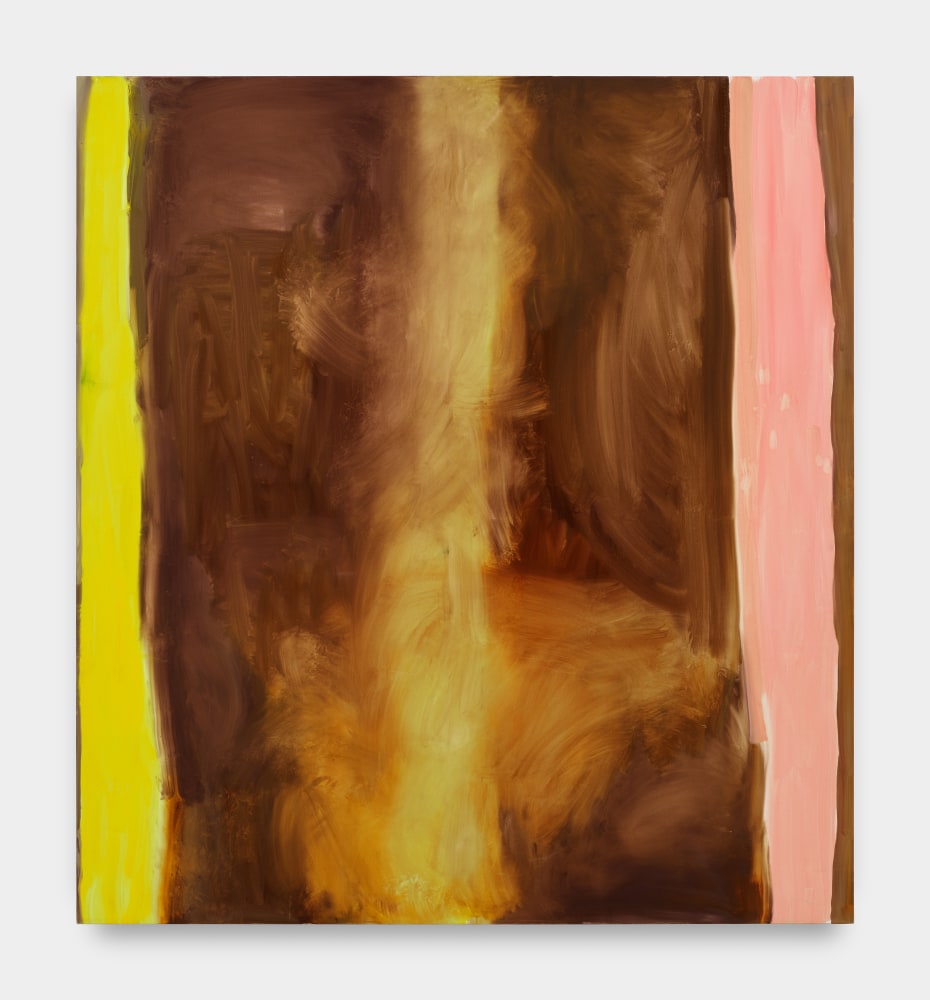 An abstract painting with dynanic brushstrokes in rusted orange hues with a stripe of lime green pigment on the left side and a stripe of pale pink pigment on the right side on the canvas.