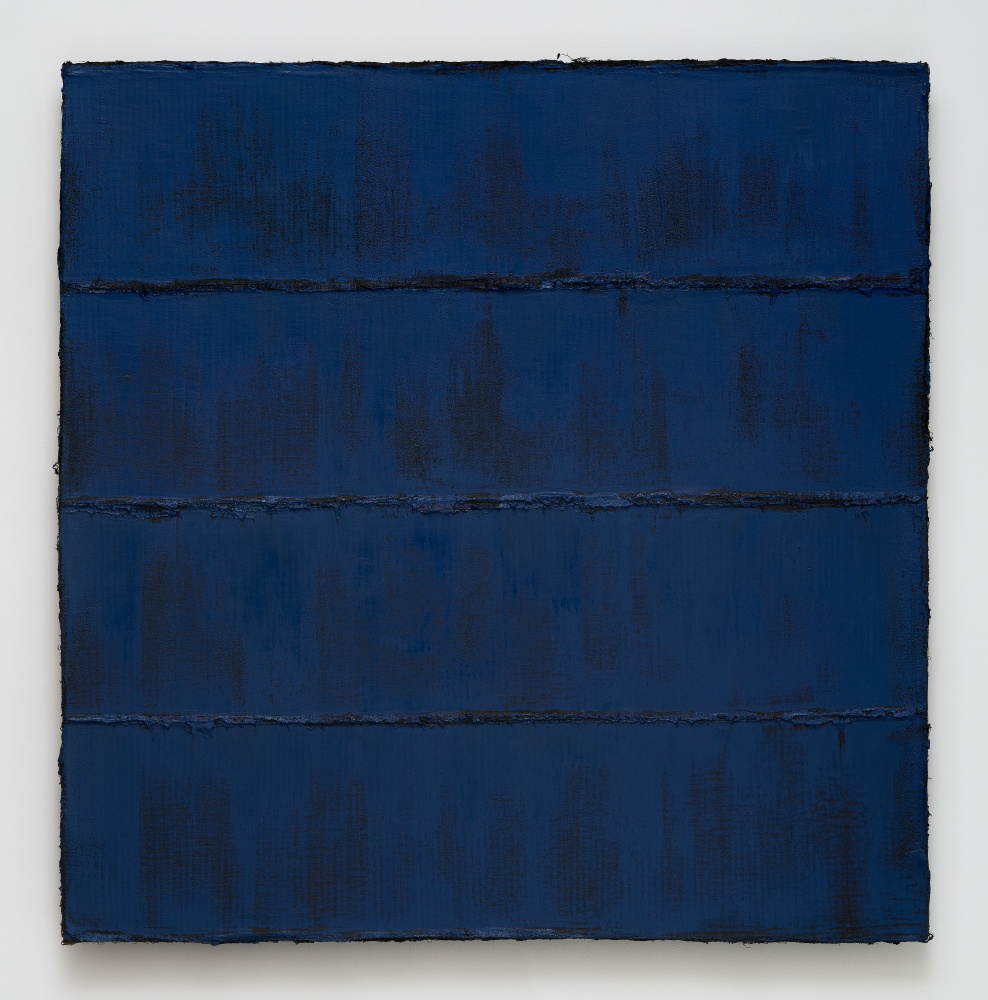 A textured royal blue painting with horizontal lines of pigment.