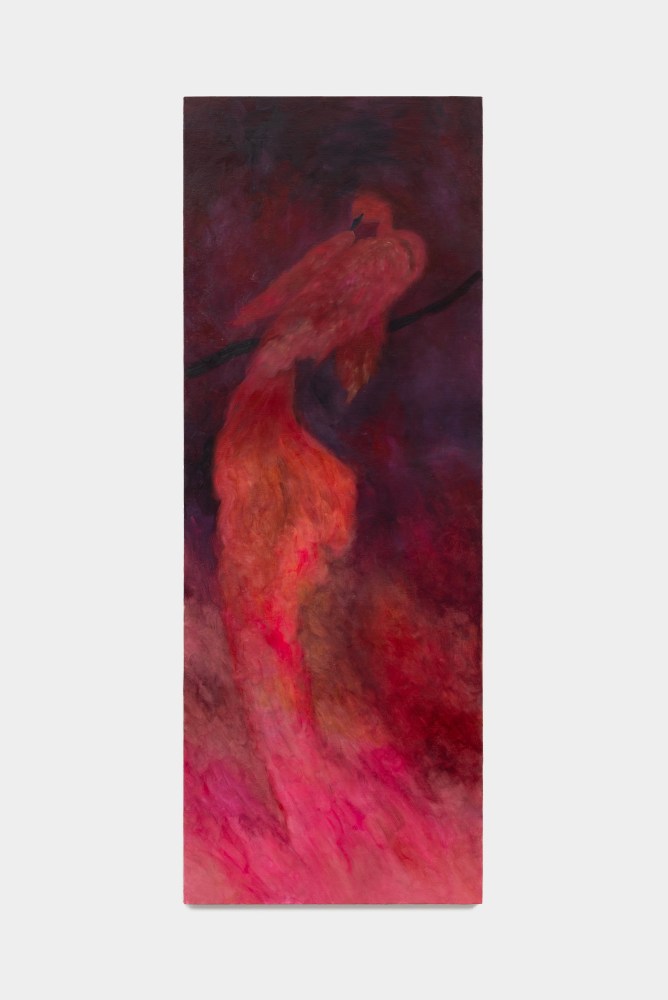 A vertically horizontal painting of a red bird with a long tail.