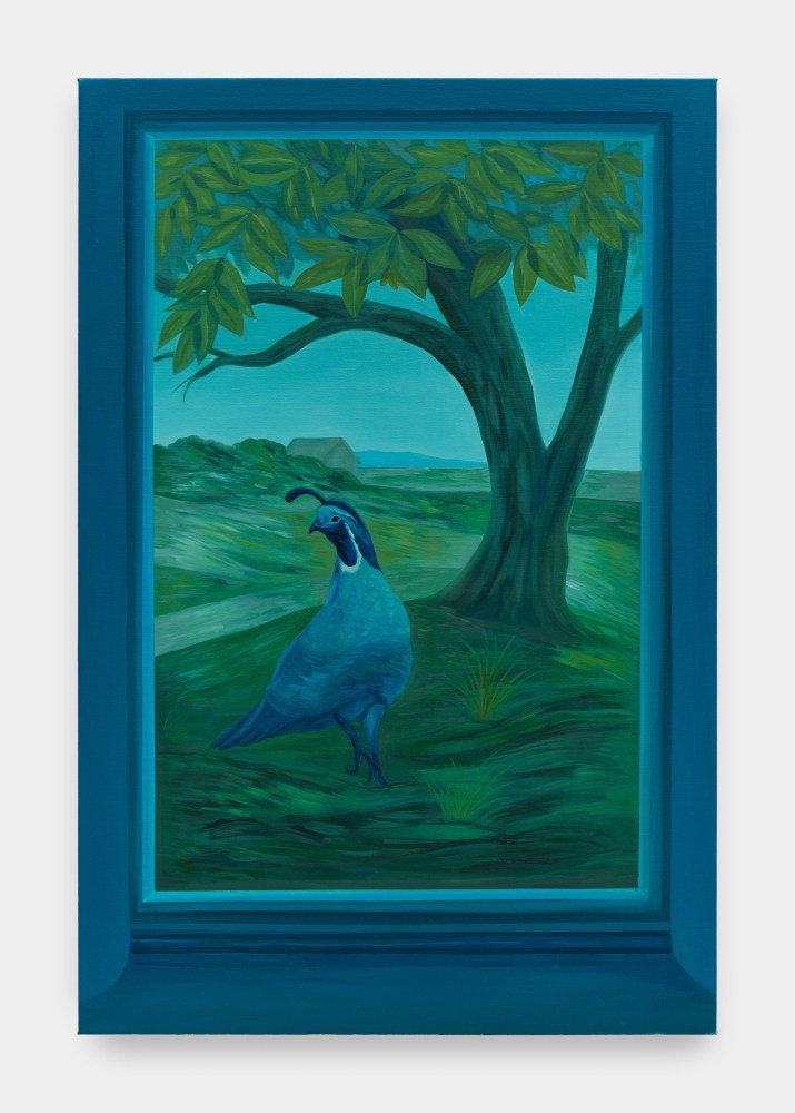 A painting of a blue pheasant in an green field.