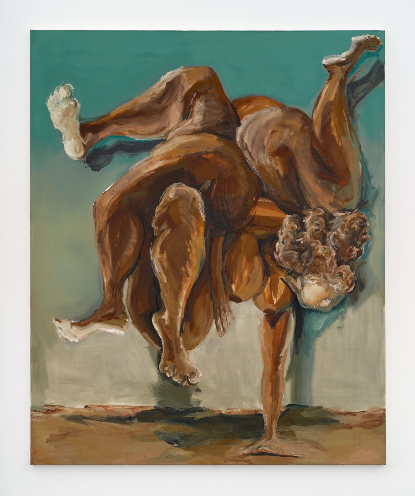 A nude female figure with one arm on the ground supporting her body, as many legs are in motion.