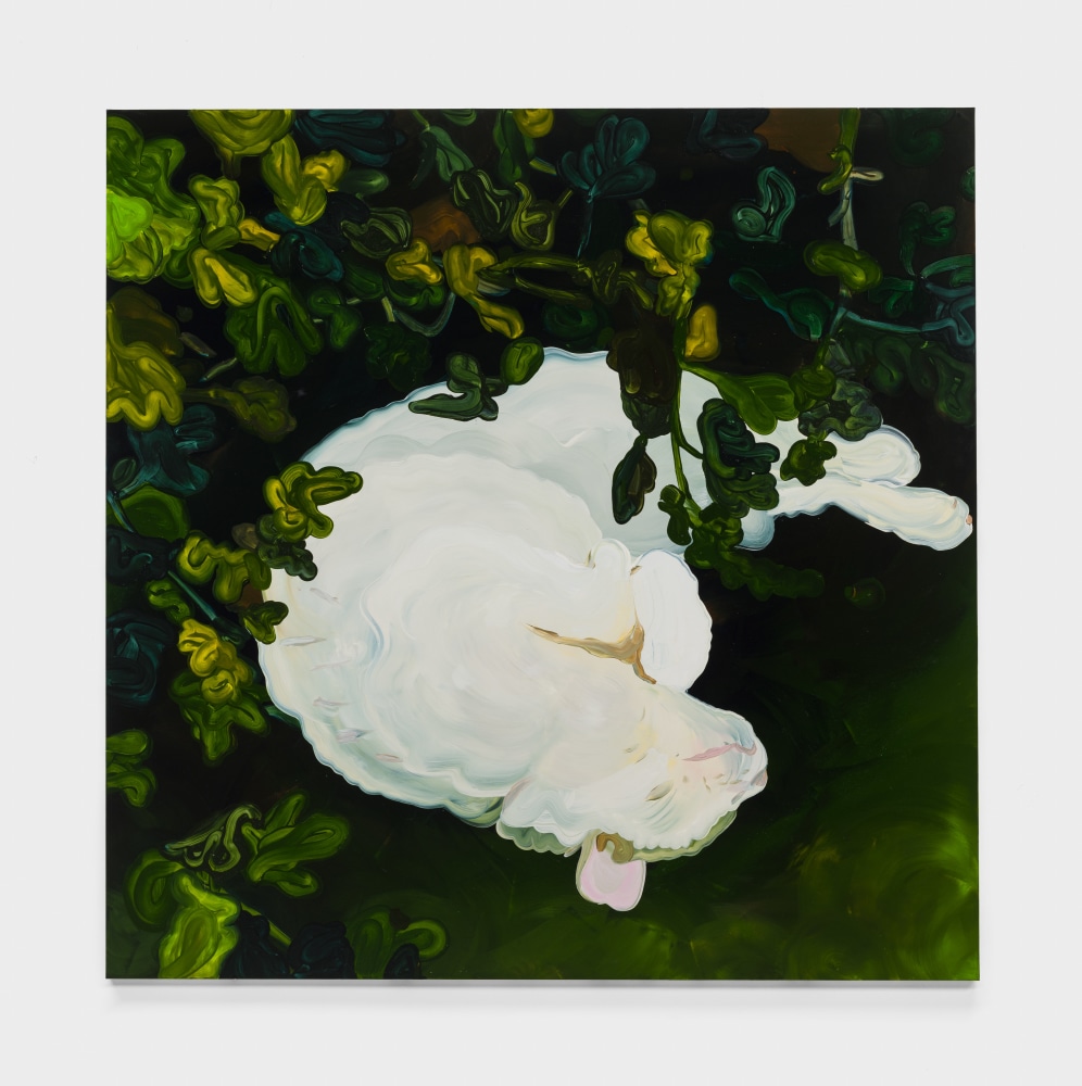 A painting by Clare Woods of a white cat sleeping underneath a bush.
