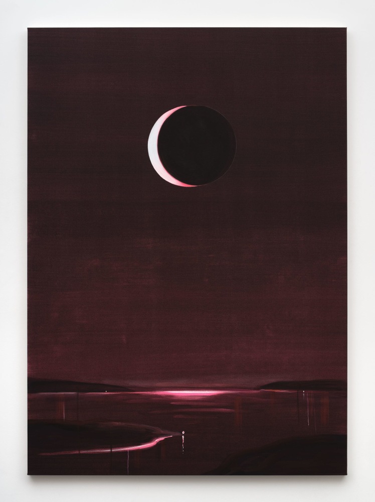A deep purple painting of an eclipsed moon over a seascape