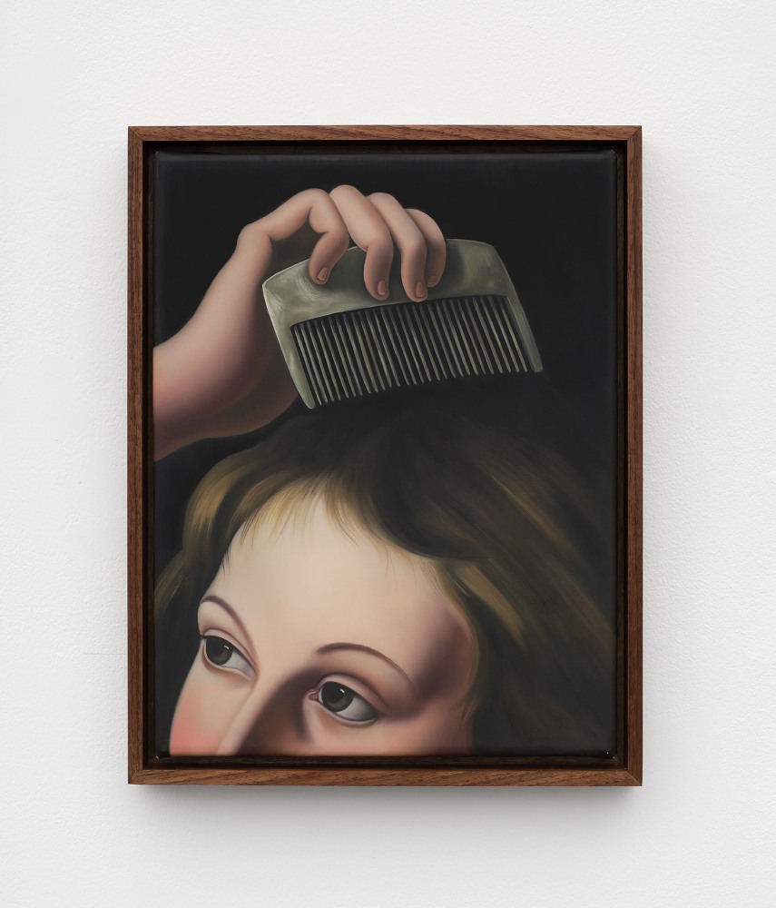 A cropped painting of a person combing their hair.