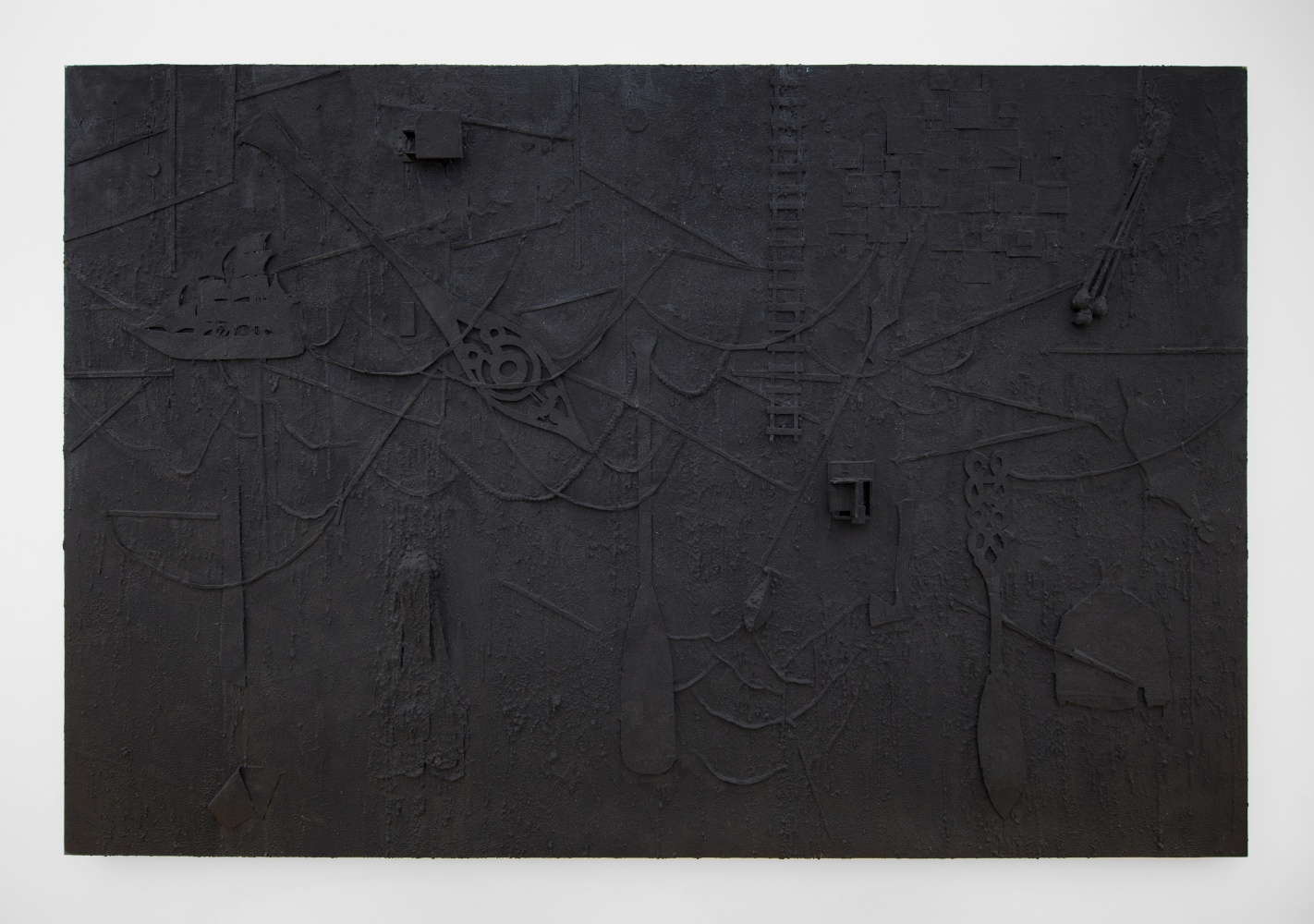 A large collaged painting with oars, boats, ladders and swooping lines of rope coated in black sand.