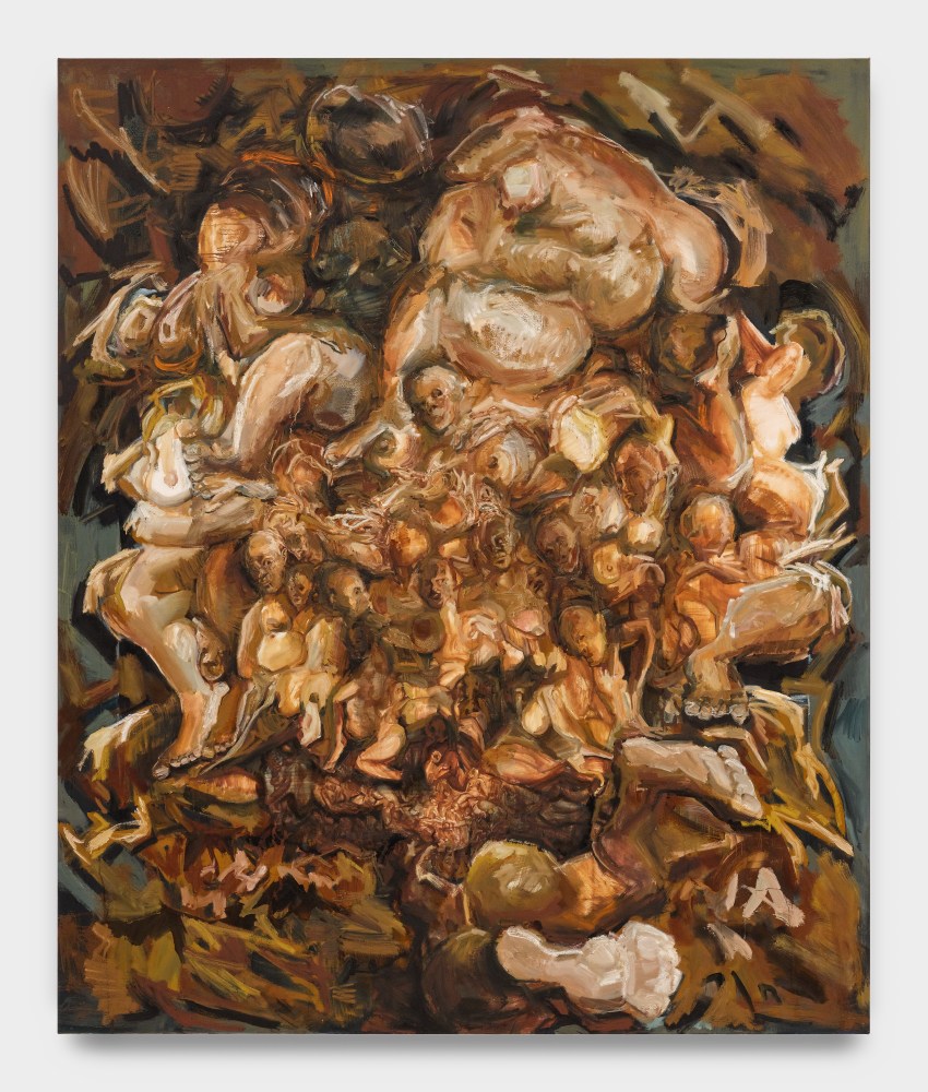 A large oil painting in warm brown earth tones with abstracted bodies enmeshed in one another.