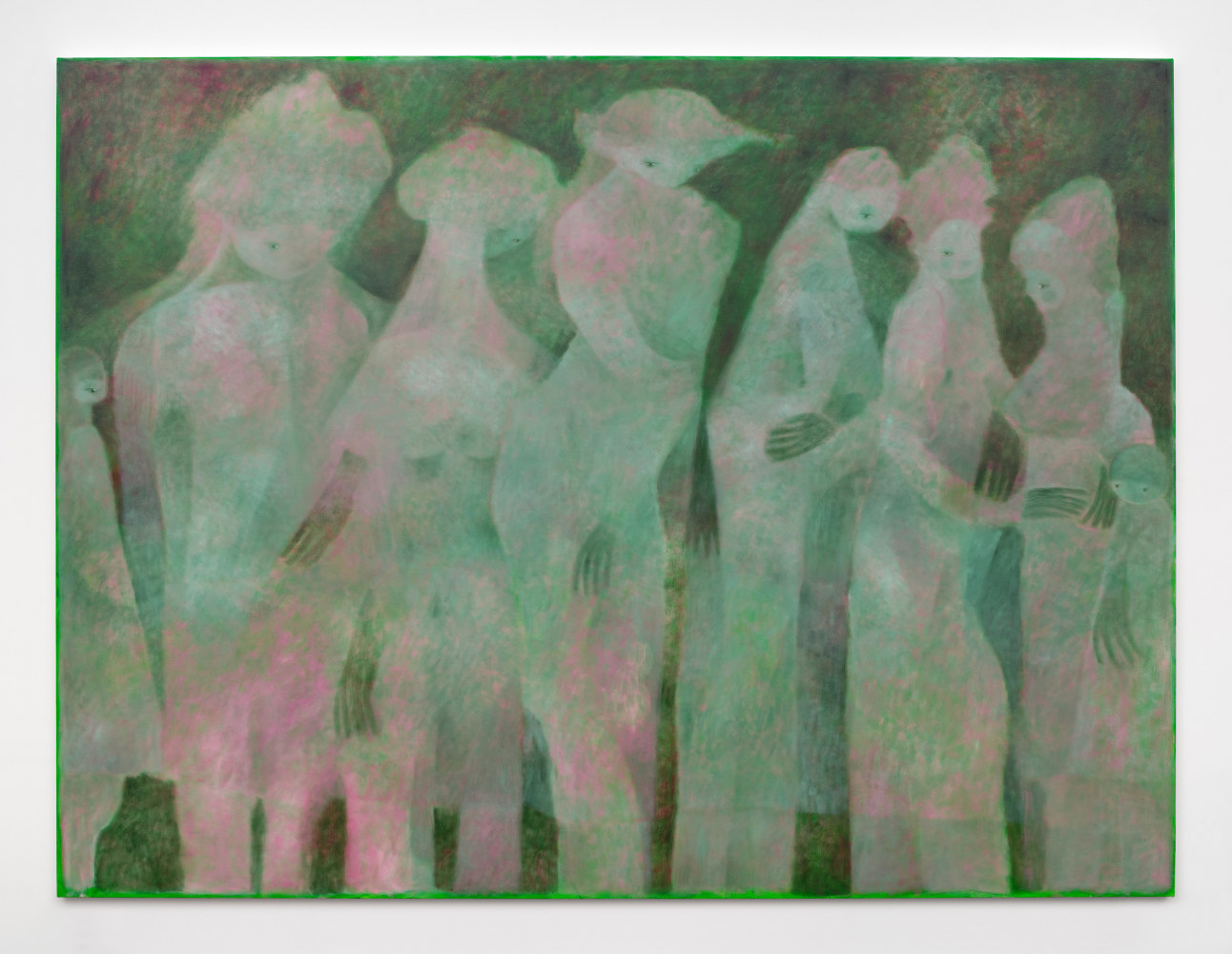 A large painting in hues of deep to pale green and pink depicting 8 figures with their hands around each other.