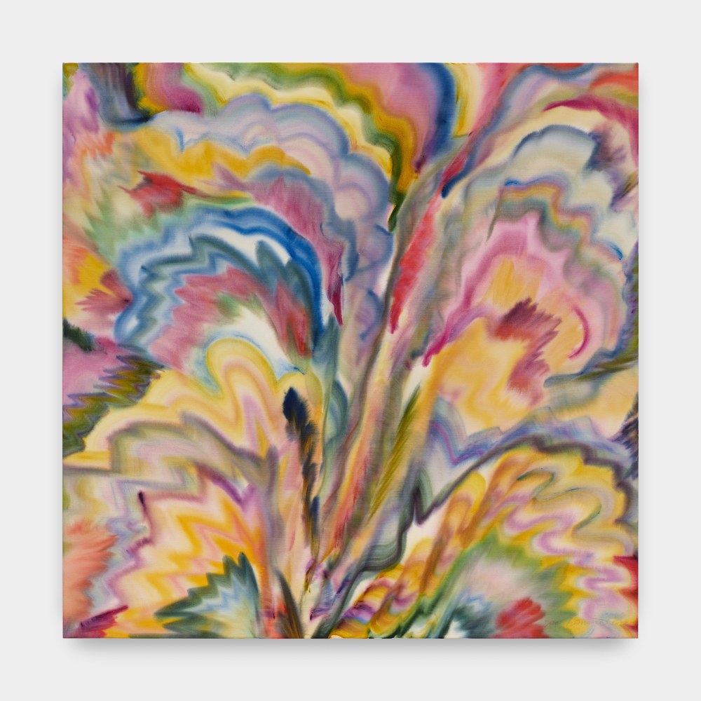 An abstract painting with pale pink, blue, red, yellow and green soft swatches of color billowing out towards the edges of the canvas.