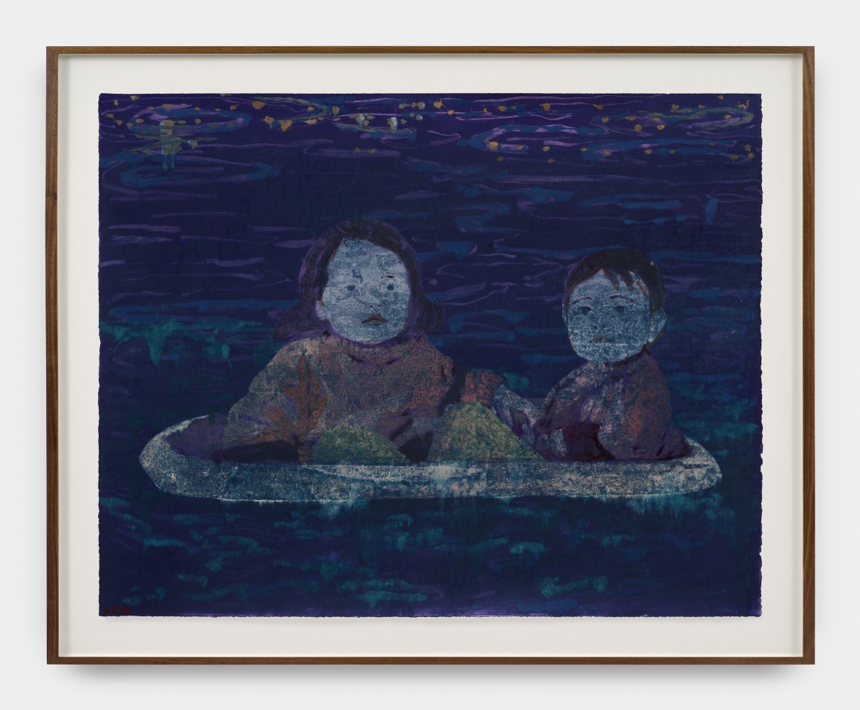 A monoprint in dark blue hues of two small children in a white vessel against a watery background.