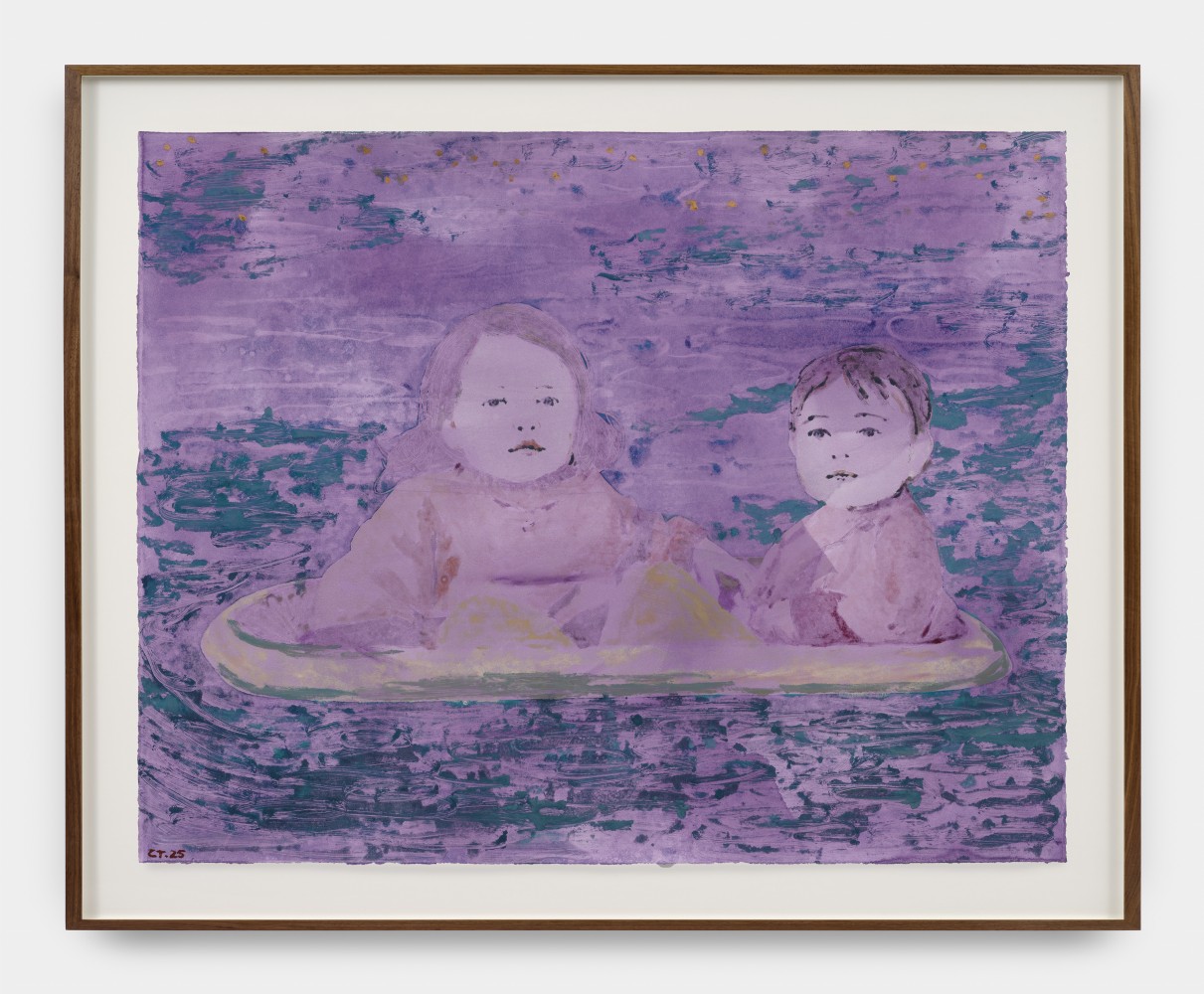 A monoprint in pale purple hues of two small children in a white vessel against a watery background.