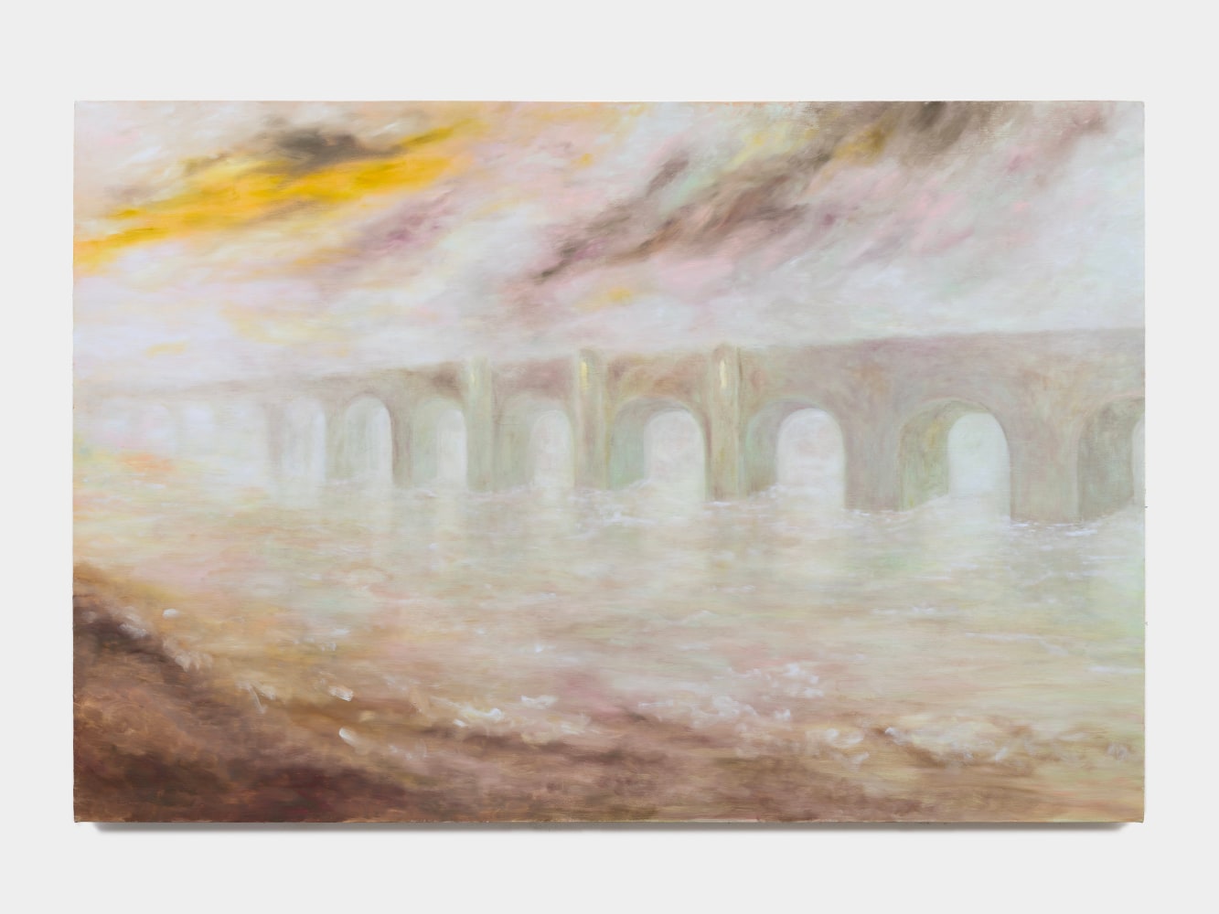 A painting of an acqueduct in foggy green tinted water with purple and yellow blustery clouds above.