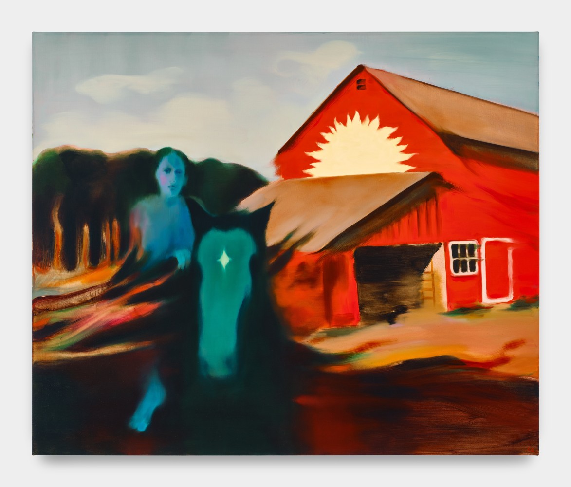 A painting depicting a blue female figure on a blue horse riding away from a large red barn.