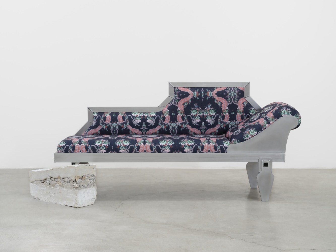 Carla Edwards, Chaise for Ghosts (Inverse), 2023 ​​​​​​​aluminum, tabby, custom textile, offering