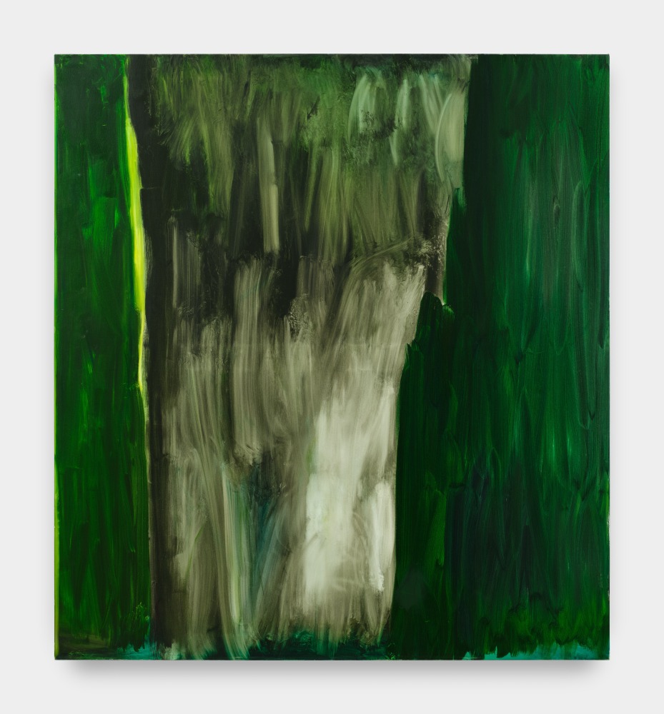 An abstract painting with dynamic brushstrokes in light green hues.