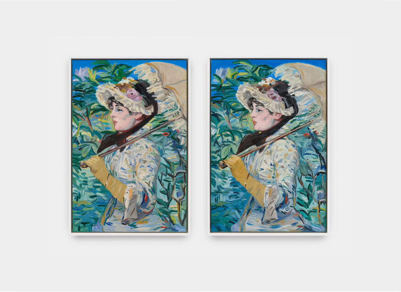 A diptych of two recreations of Édouard Manet's painting &quot;Spring&quot; which depicts a woman surrounded by green and blue fauna carrying a parasol.