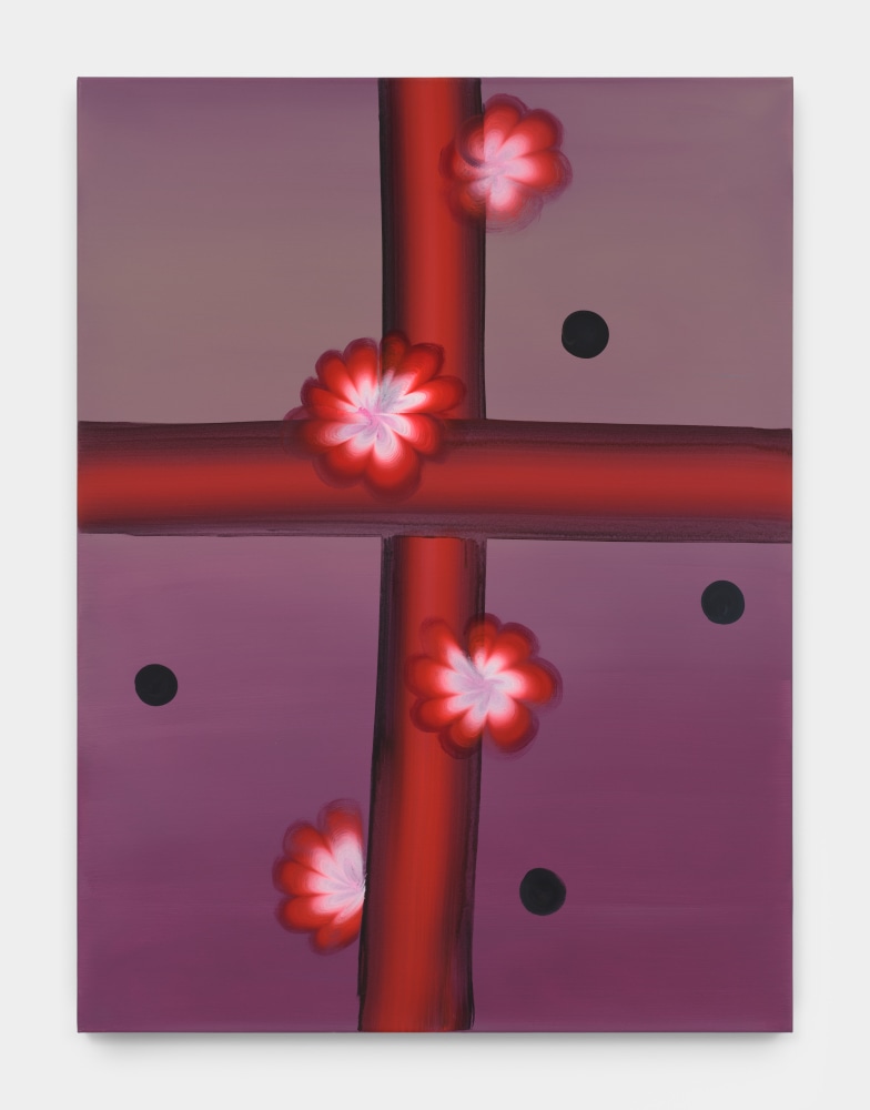A gradient purple painting with a burgundy cross in the center with four flowers and black polka dots