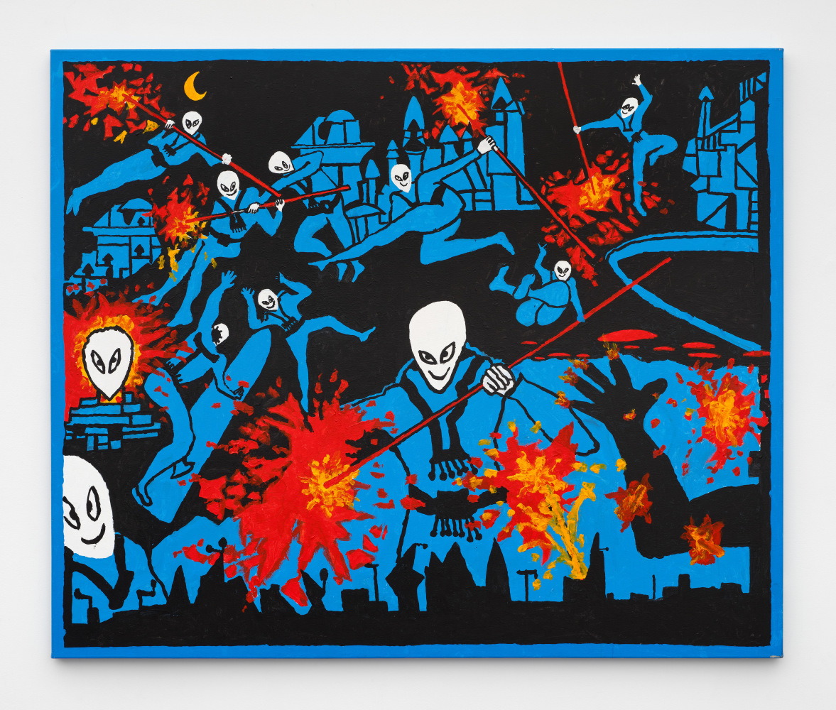 Painting showing white alien-looking figures wearing blue suits as they cause havoc and spread fire in a nighttime scene.
