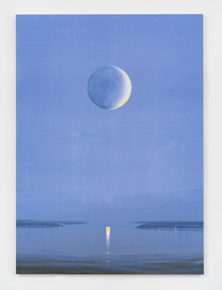 A pale blue painting by Wanda Koop of a moon over a reflective body of water.