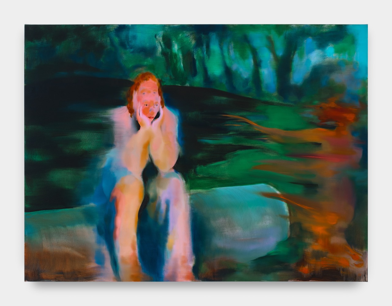 A painting of a woman seated on a log looking into a campfire with her head in her hands and deep blue and green trees in the background.