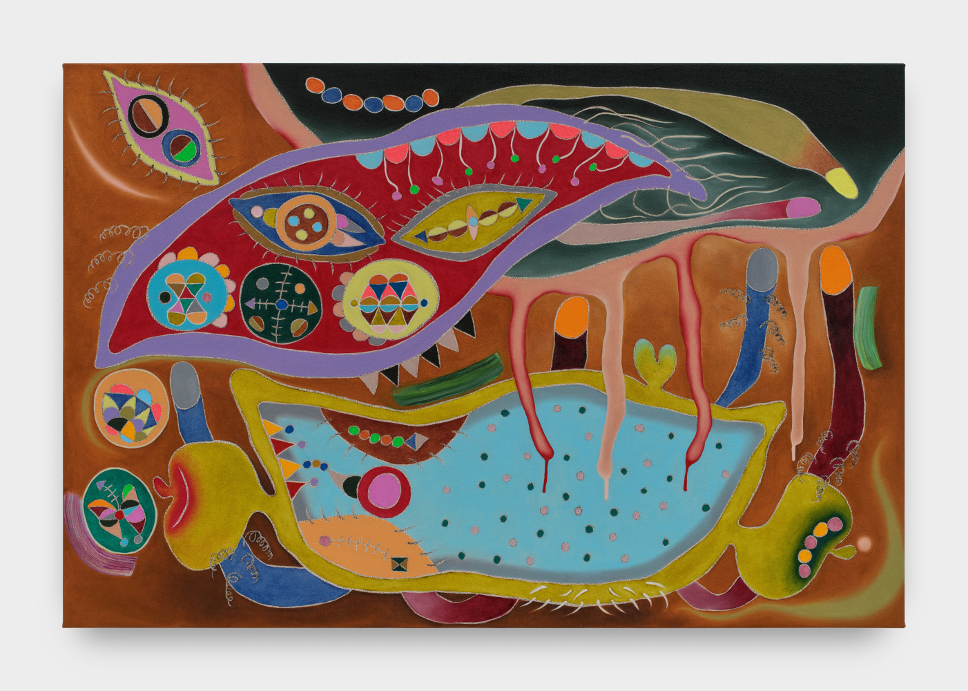 A painting on canvas depicting an anthropomorphic scene consisting of abstract shapes in various colors such as brown, light blue, black, purple, orange, mustard yellow, navy, and a faded tint of red.
