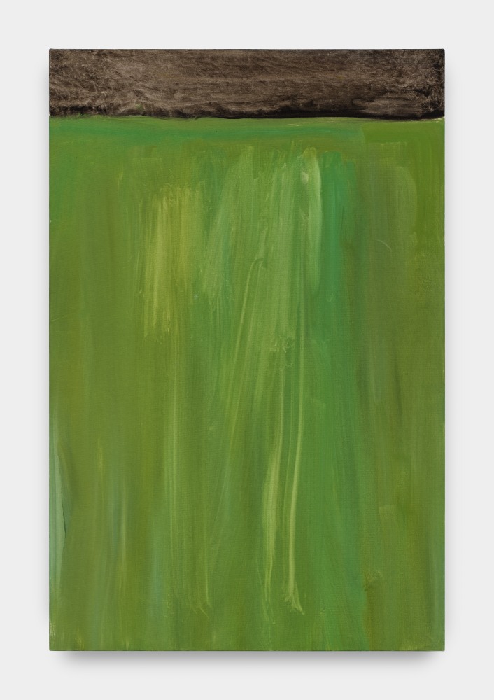 An abstract painting with dynamic brushstrokes in light green hues with a stripe of slate colored pigment across the top.