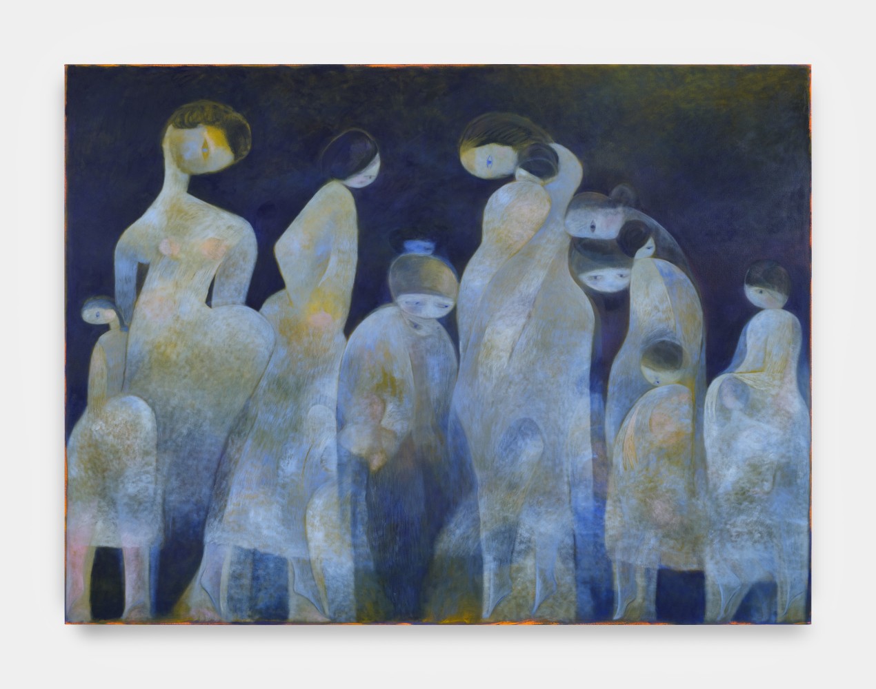 A large painting with a dark blue background and 11 pale blue figures of various sizes and ages.