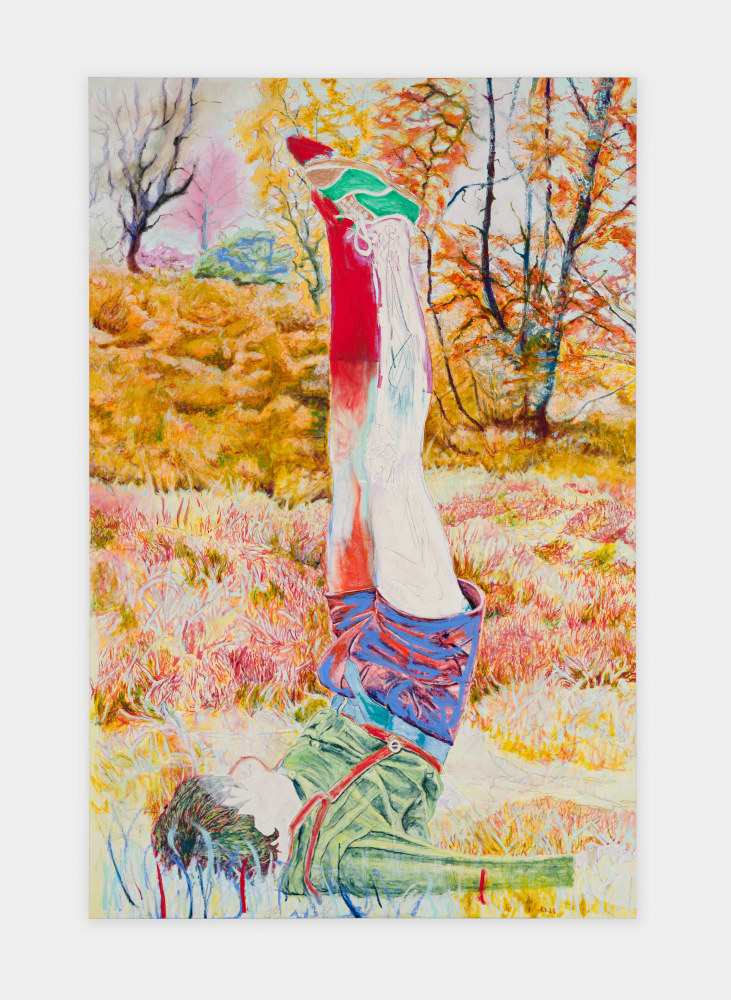 A painting of a young boy lying in a forest field with his legs up in the air