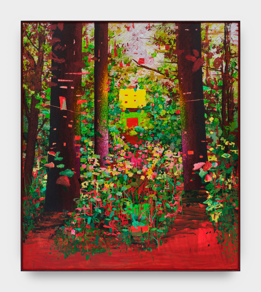 Forest scene is depicted in colors of red, green, yellow, coral, and pink. Multicolored foliage cover the middle of the forest floor while dark brown trunks rest at the sides of the canvas. The foreground of the canvas is colored red with  quick black brush strokes.