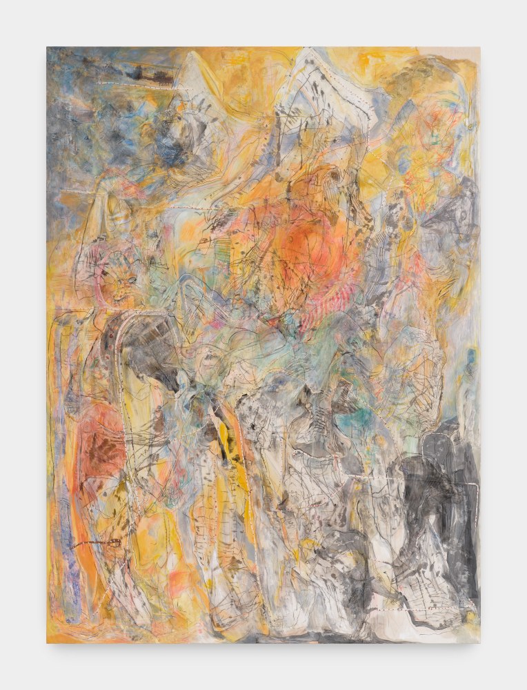 A textured painting with orange, teal, yellow and grey swatches of color layered with gauze and line drawings.