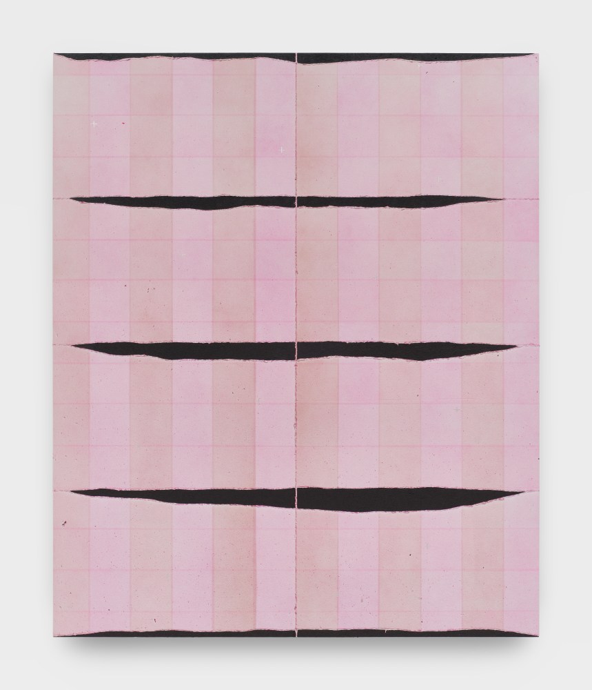 A painting on canvas of plaid in two shades of pink with three black horizontal slashes in the center.