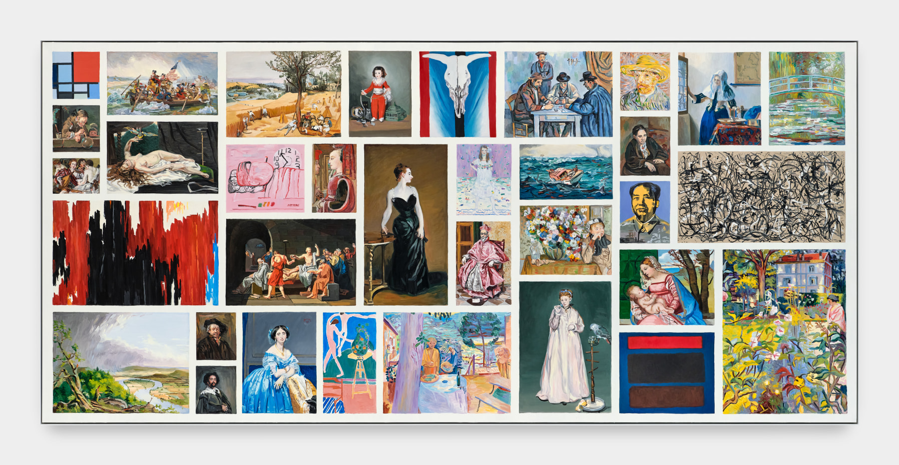 A painting of 33 of the Metropolitan Museum of Art's most acclaimed works in their collection arranged in a nonuniform grid.