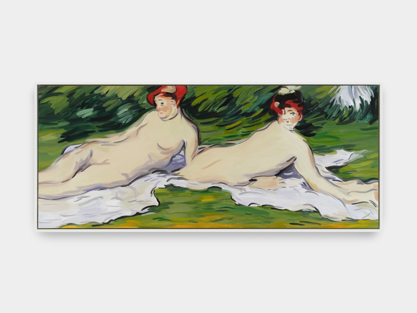 A painting of an AI generated image in the style of Édouard Manet depicting two figures wearing nothing but red hats laying on the grass.