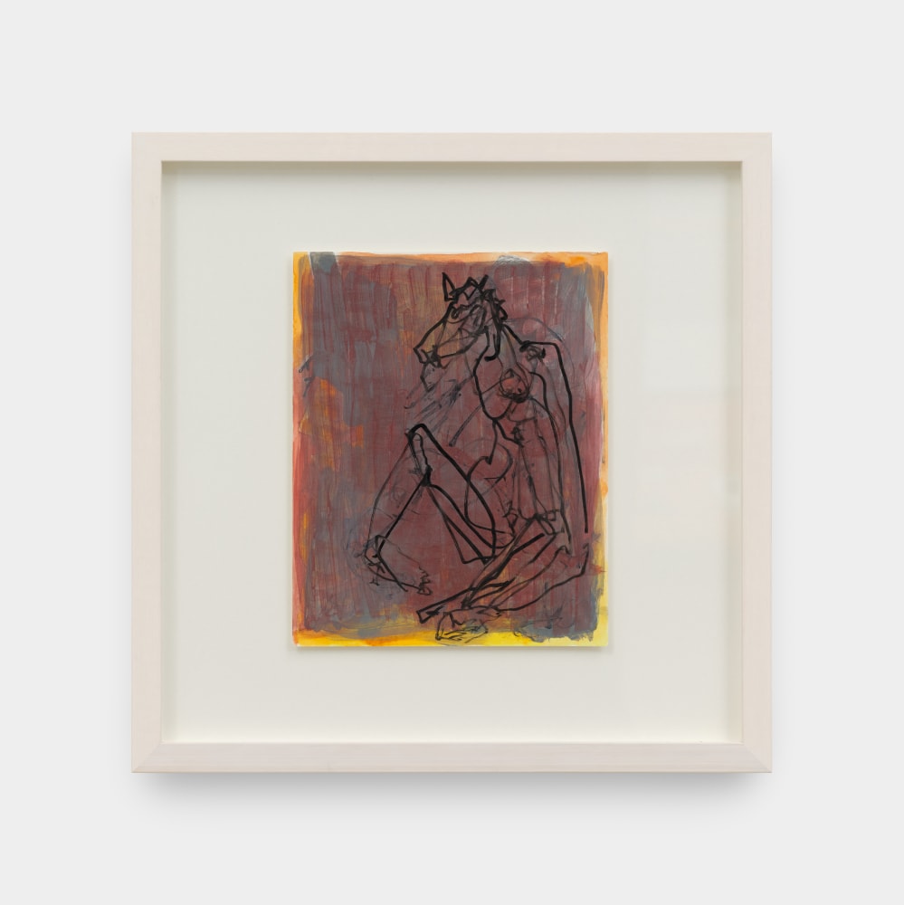 An acrylic on paper painting of a human body with a horse like head rendered in orange, yellow and grey hues.